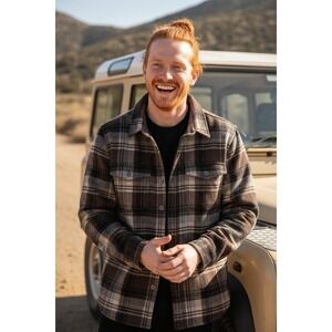 PrAna Mens Lined Plaid Heavy Weave Shacket Burgundy Tan Large Gorpcore Rugged